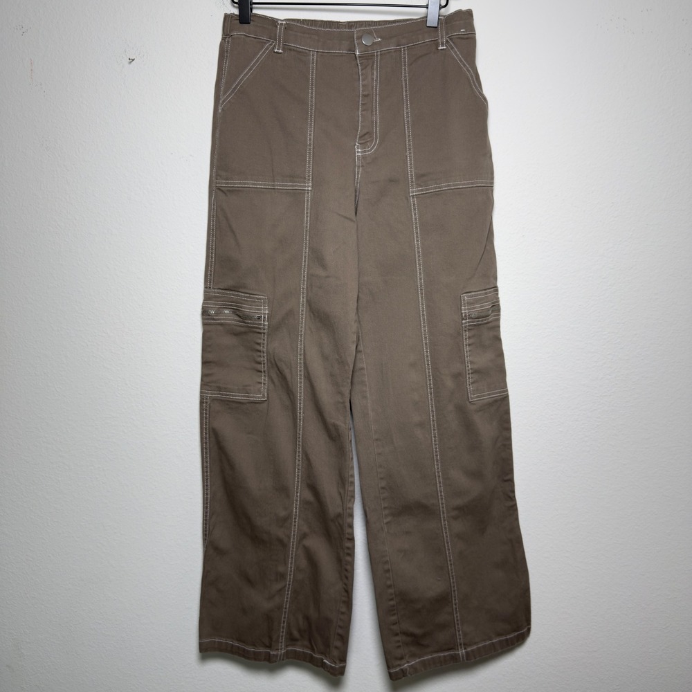 Rachel Paige Women Cotton Y2K Cargo Pants L Brown Wide Leg Baggy Gorp Utility
